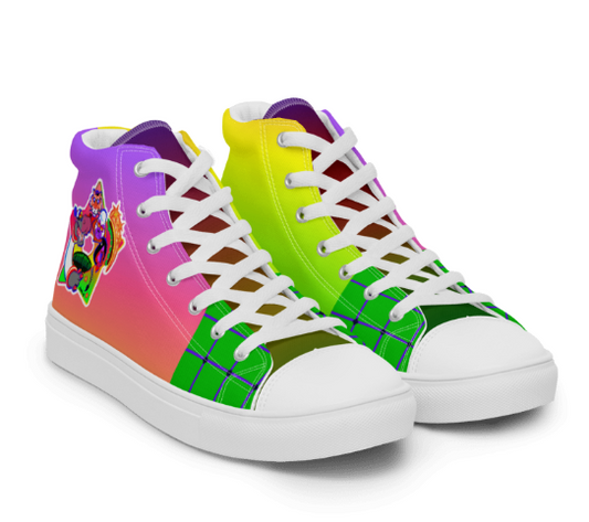 Colorful high-top sneakers with a gradient design and logo on a white background