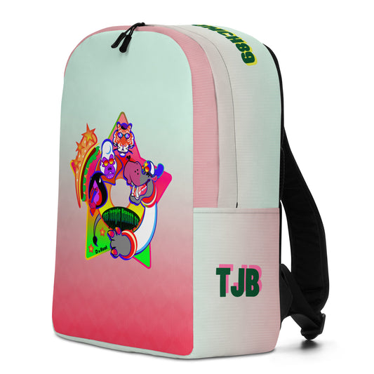 Gradient backpack with colorful graphic design and logo on a white background