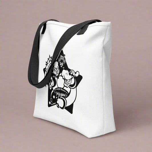 White tote bag with black star design featuring cartoon characters on a tan background