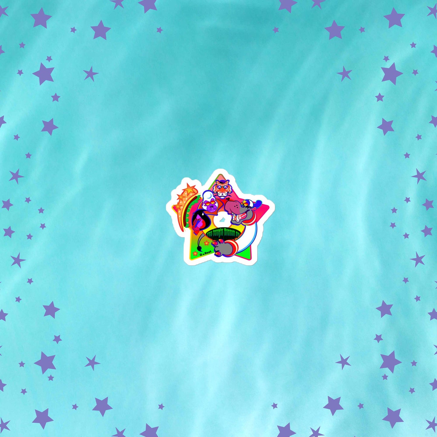 Colorful sticker with cartoon characters on a blue background with stars