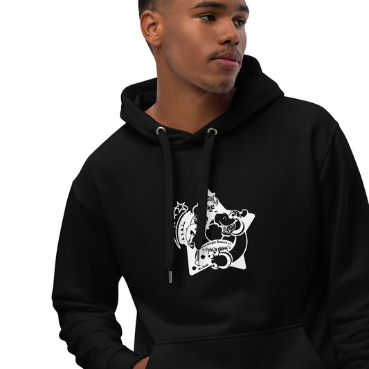 Person wearing a black hoodie with a white logo on a white background