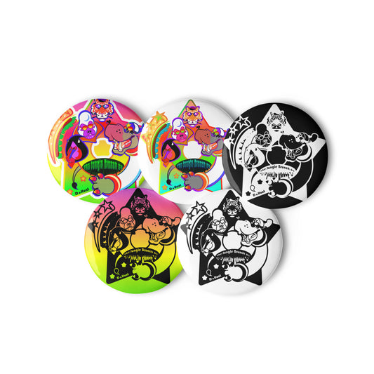 Set of colorful and patterned buttons with TJB89 logo in different variations on a white background