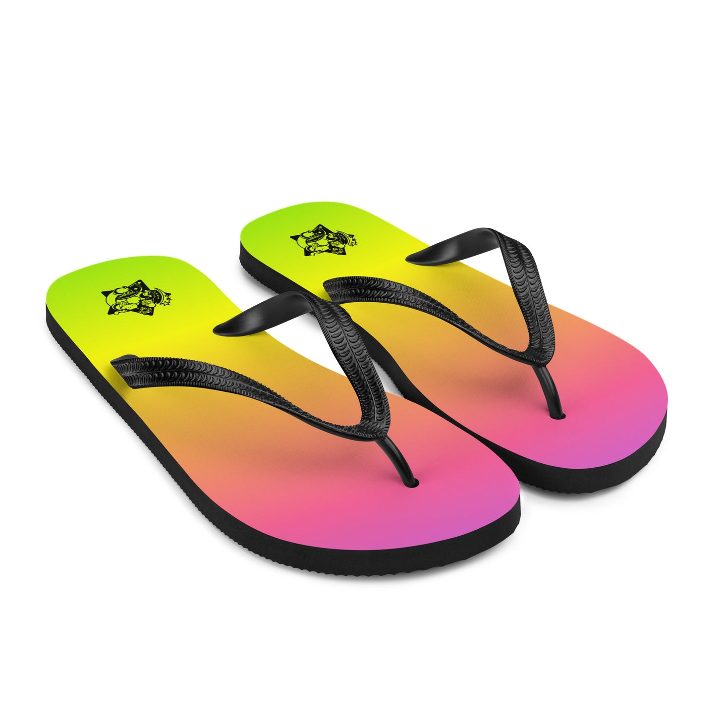 Pair of flip-flops with a gradient purple to green color scheme with a back logo on a white background.