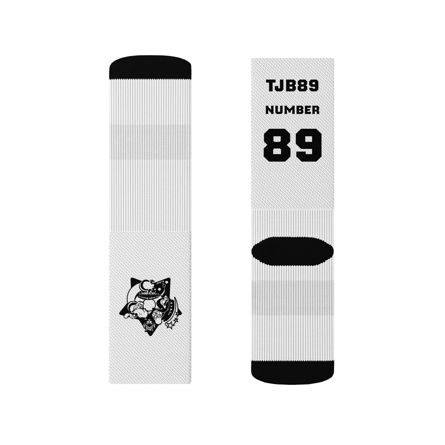 Two white socks with black accents and a logo on a white background