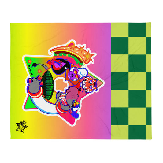Colorful rainbow blanket with checkered tiles and cartoon character logo on a wooden surface