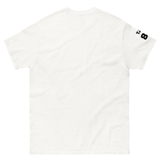 White t-shirt with a black logo on the sleeve against a white background