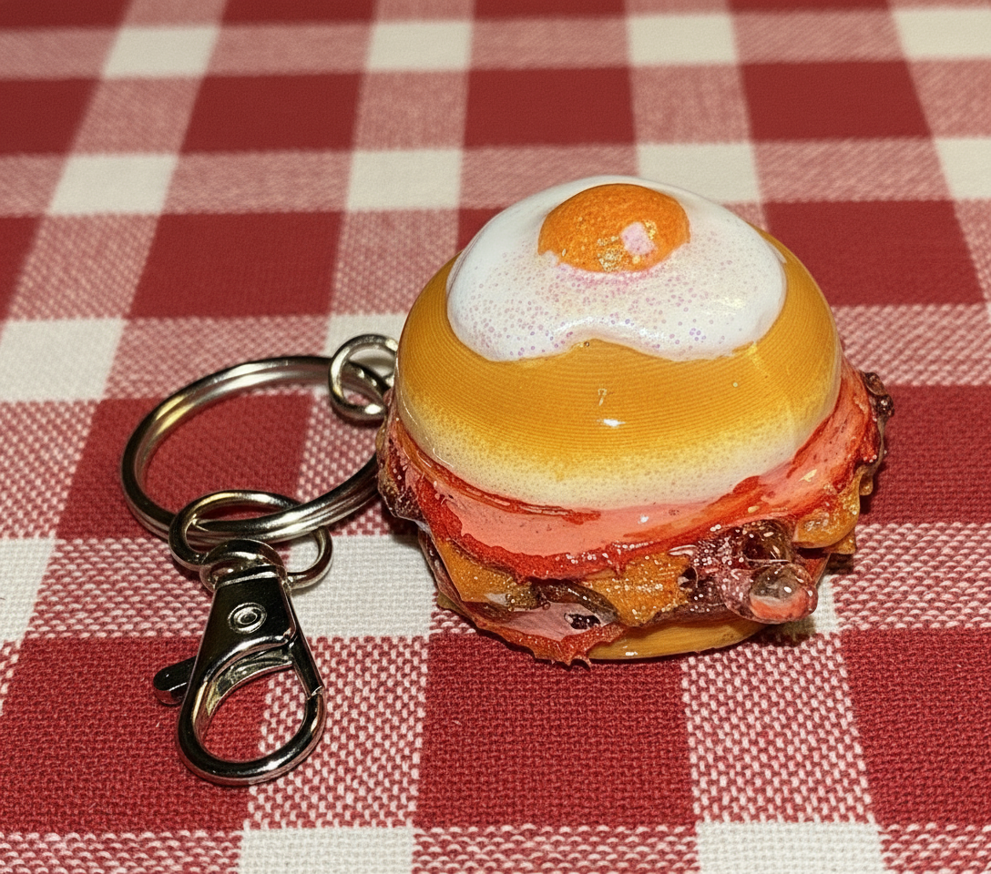 Keychain shaped like a breakfast burger with an egg on top on a red and white checkered tablecloth.