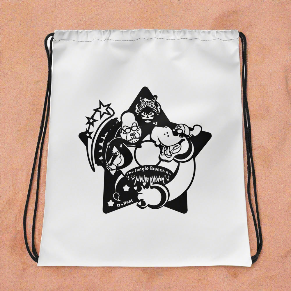 White drawstring bag with black star-shaped design featuring cartoon characters on a sand background