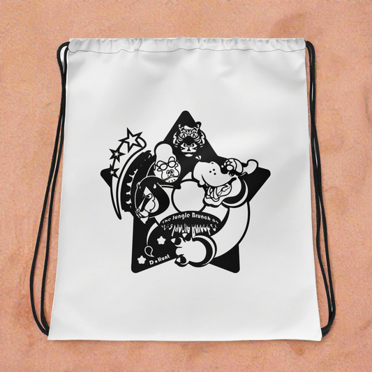 White drawstring bag with black star-shaped design featuring cartoon characters on a sand background