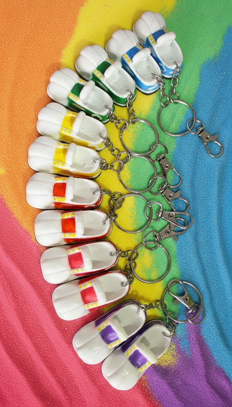 Set of colorful keychains shaped like small shoes on a rainbow background
