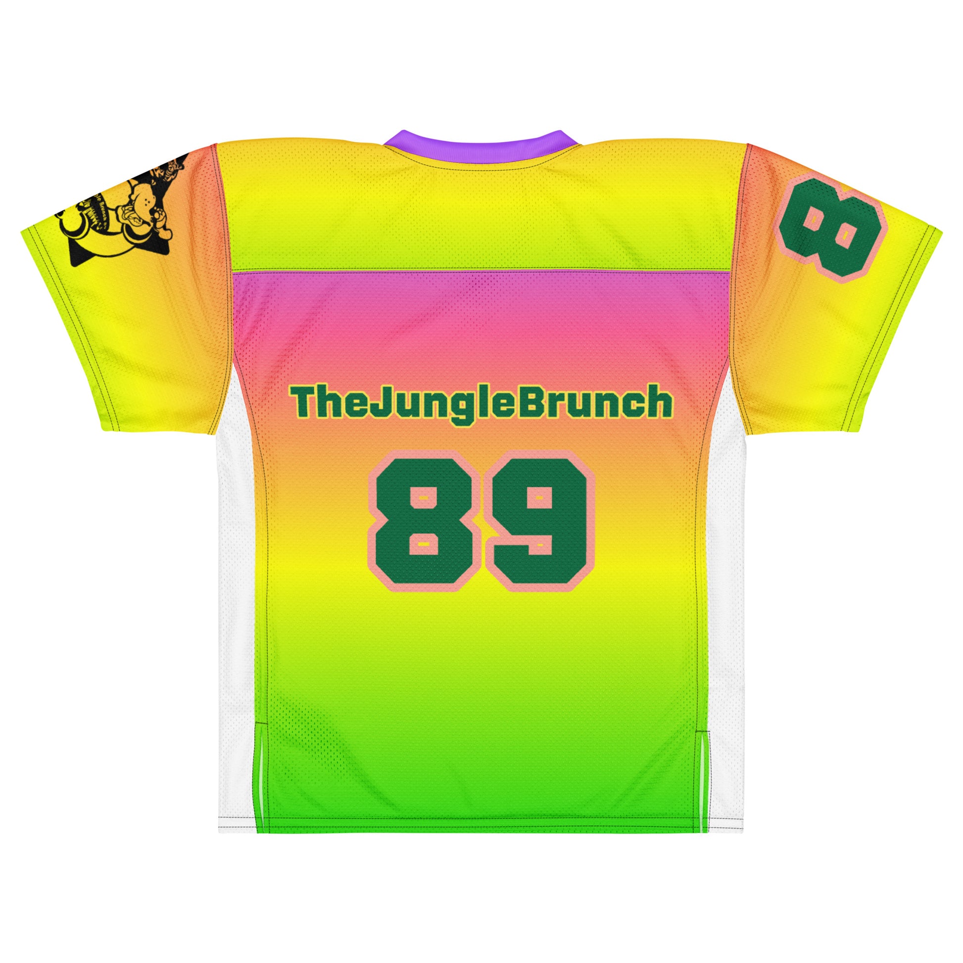 Colorful sports jersey with 'The Jungle Brunch' branding and number 89 on a white background