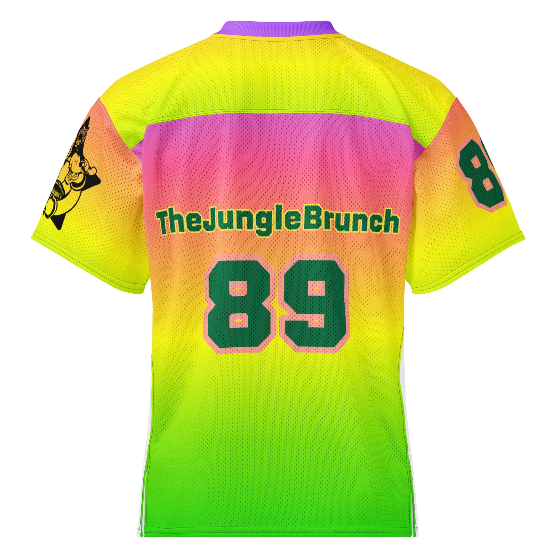 Colorful sports jersey with 'The Jungle Brunch' branding and number 89 on a white background