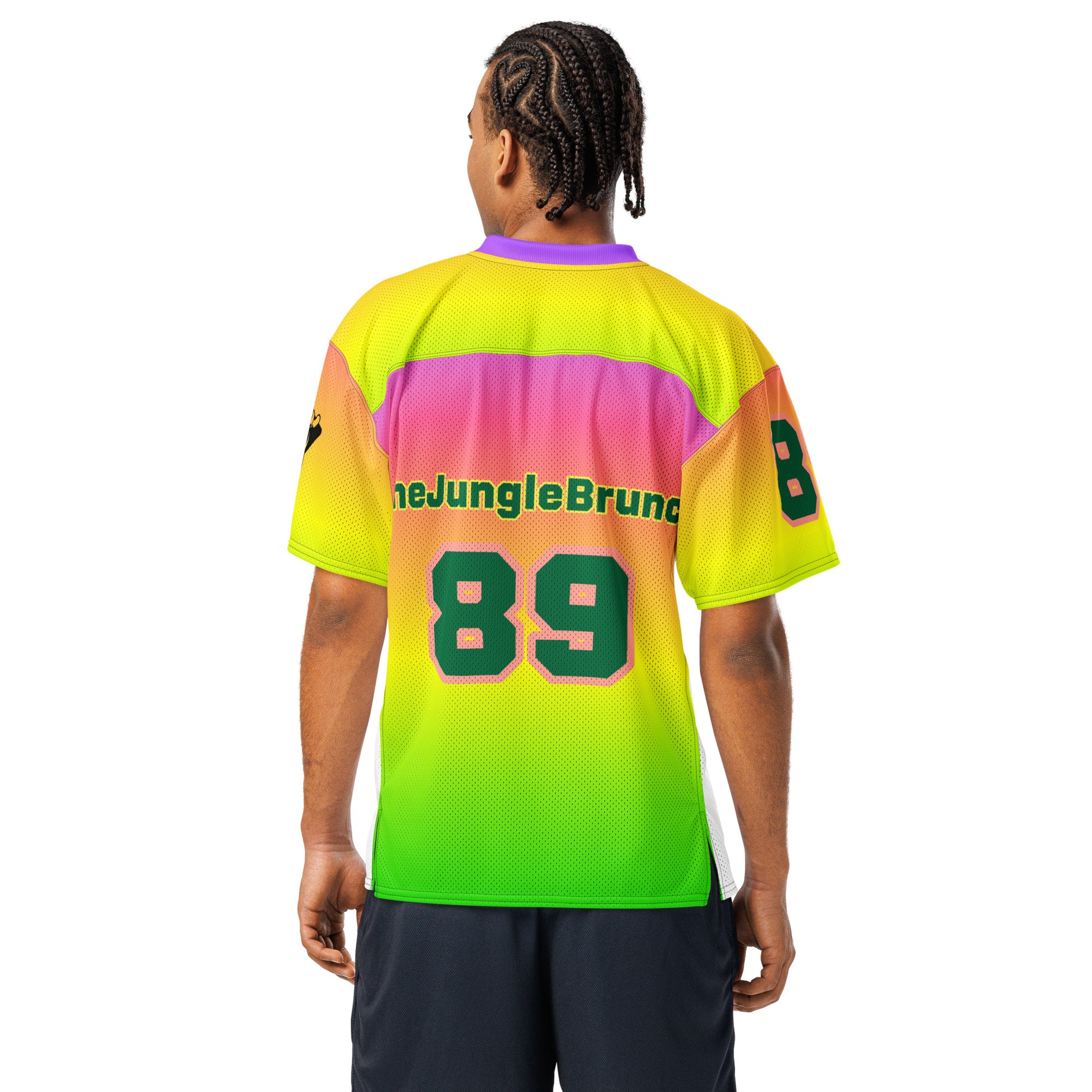Colorful sports jersey with 'The Jungle Brunch' branding and number 89 on a white background