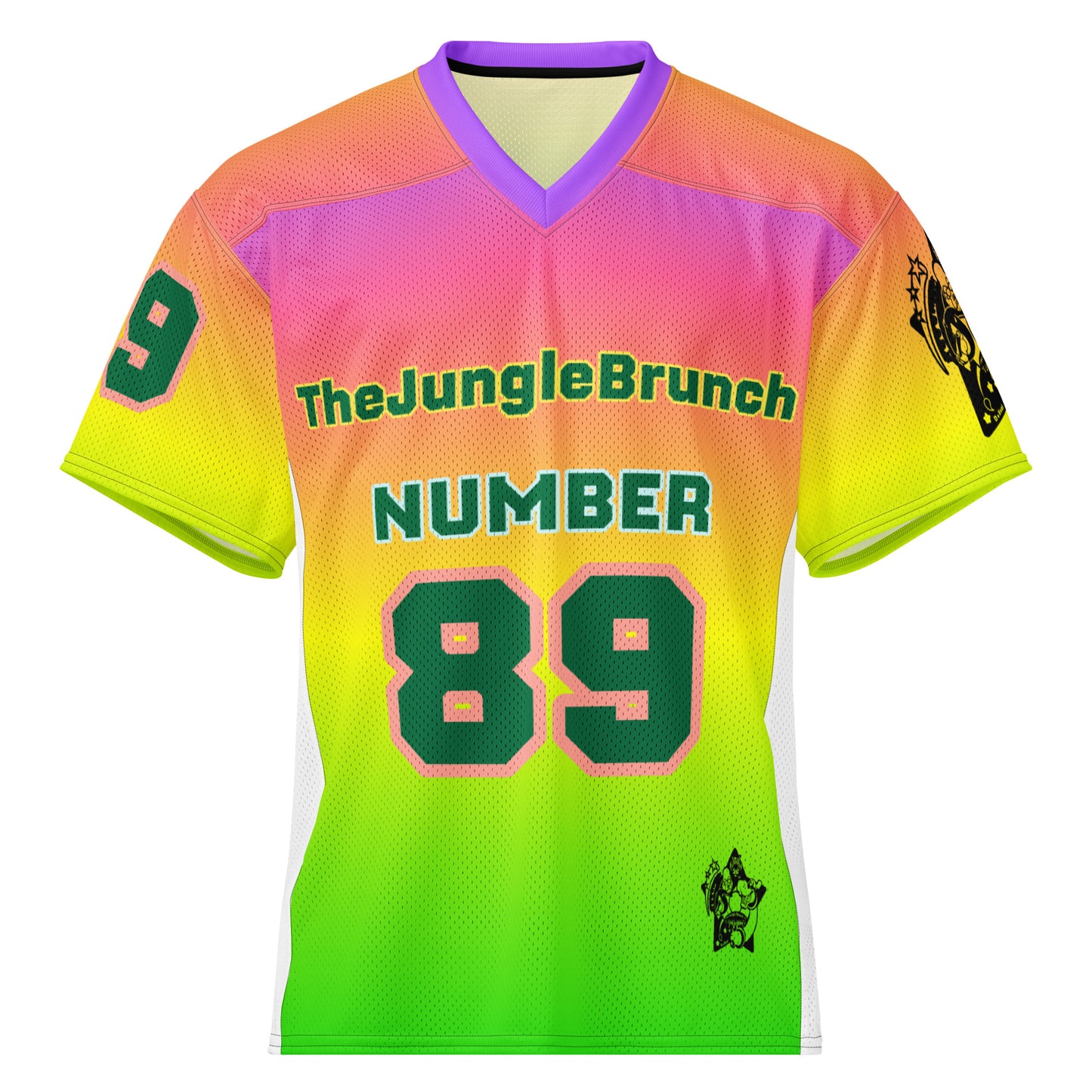 Colorful sports jersey with 'The Jungle Brunch' branding and number 89 on a white background