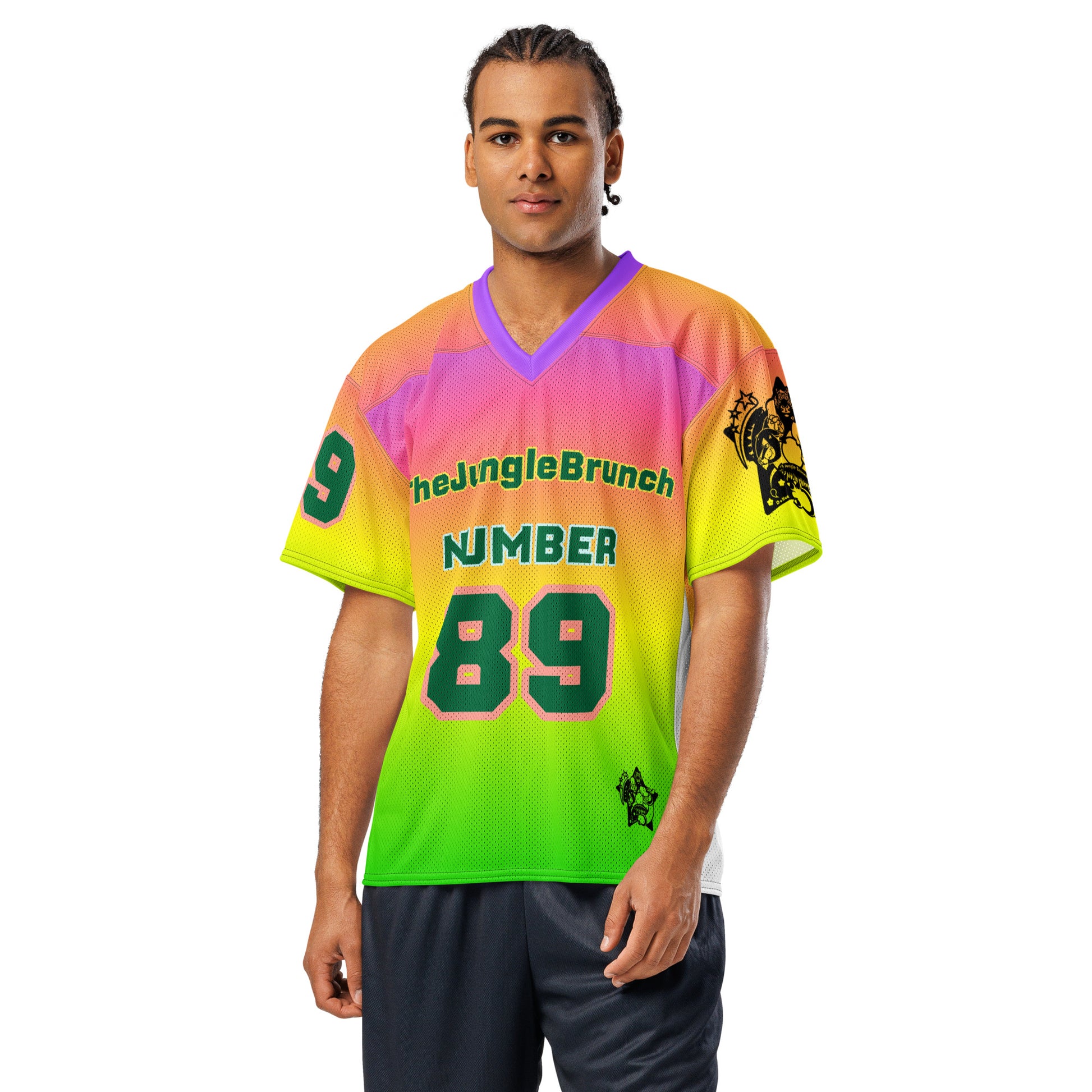 Colorful sports jersey with 'The Jungle Brunch' branding and number 89 on a white background