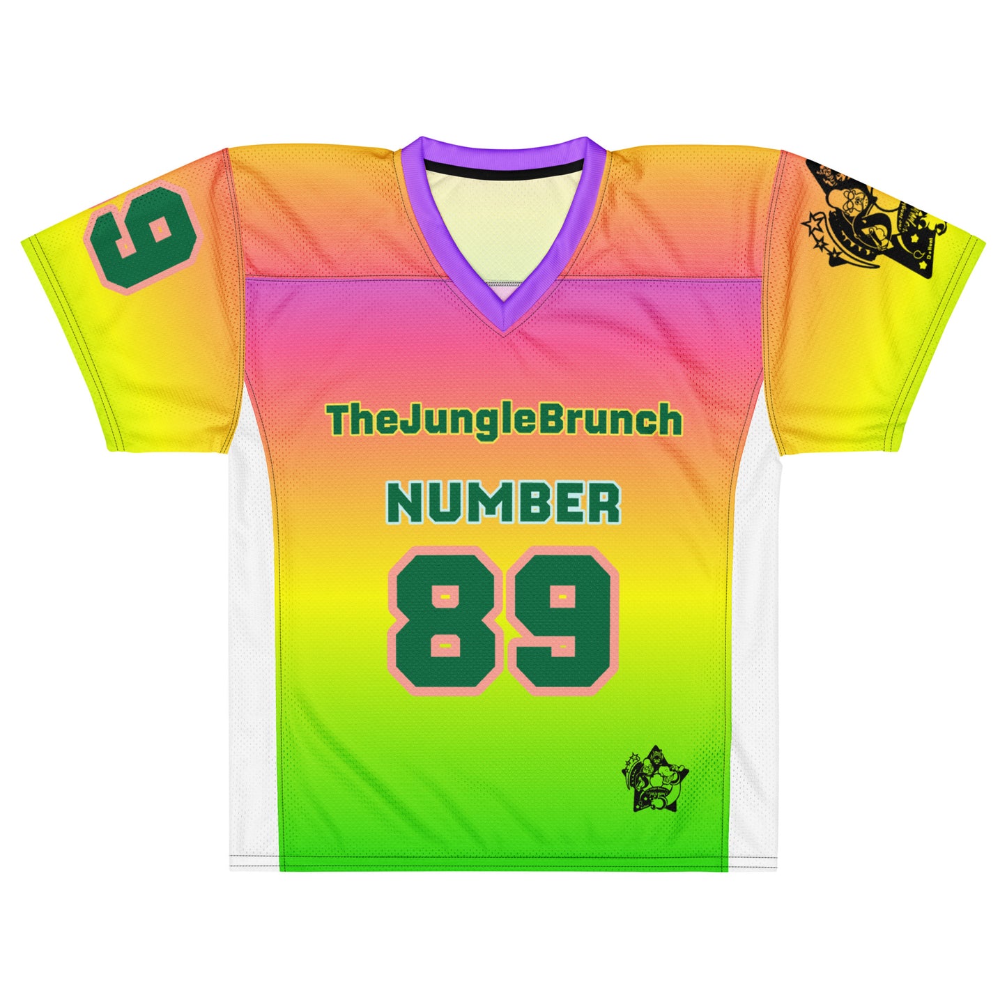 Colorful sports jersey with 'The Jungle Brunch' branding and number 89 on a white background