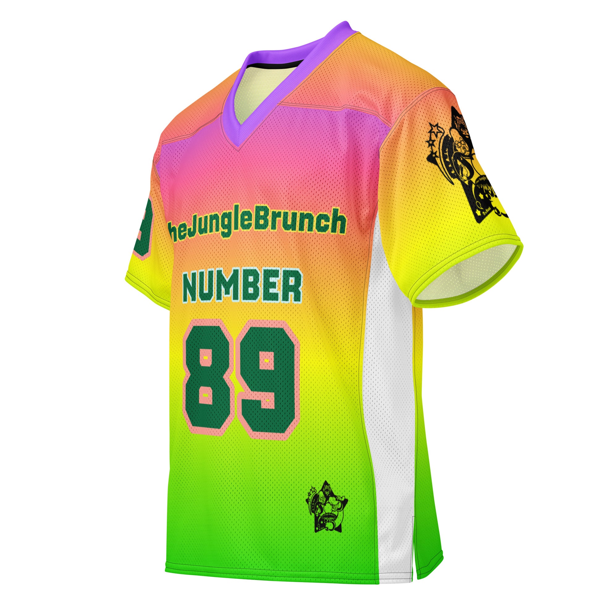 Colorful sports jersey with 'The Jungle Brunch' branding and number 89 on a white background
