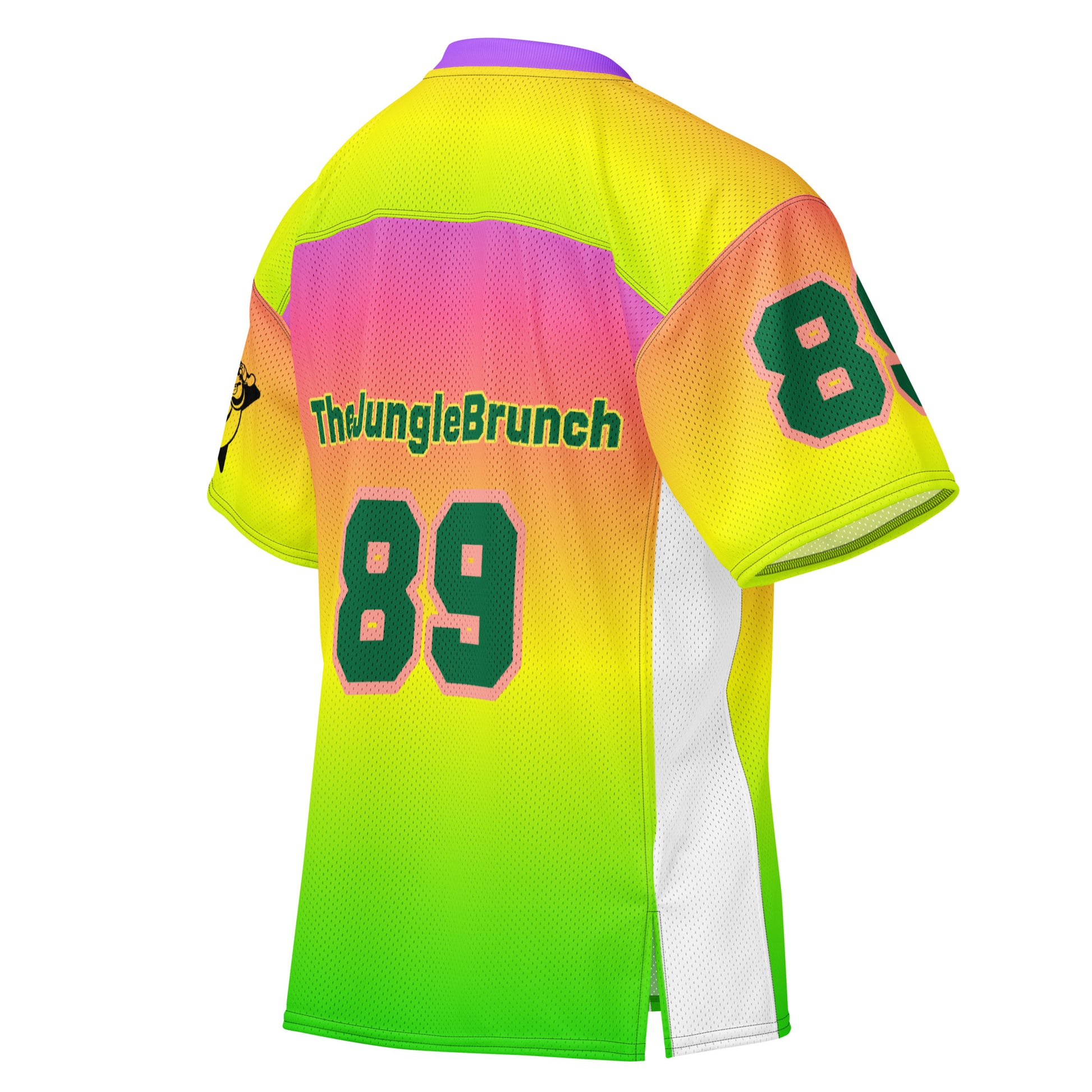 Colorful sports jersey with 'The Jungle Brunch' branding and number 89 on a white background