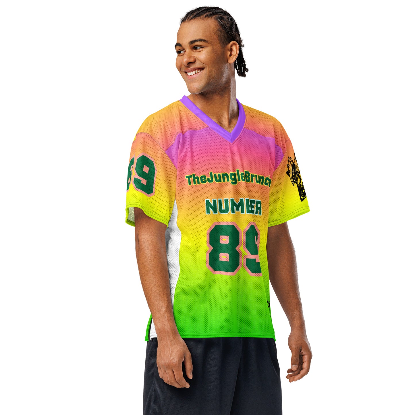 Colorful sports jersey with 'The Jungle Brunch' branding and number 89 on a white background