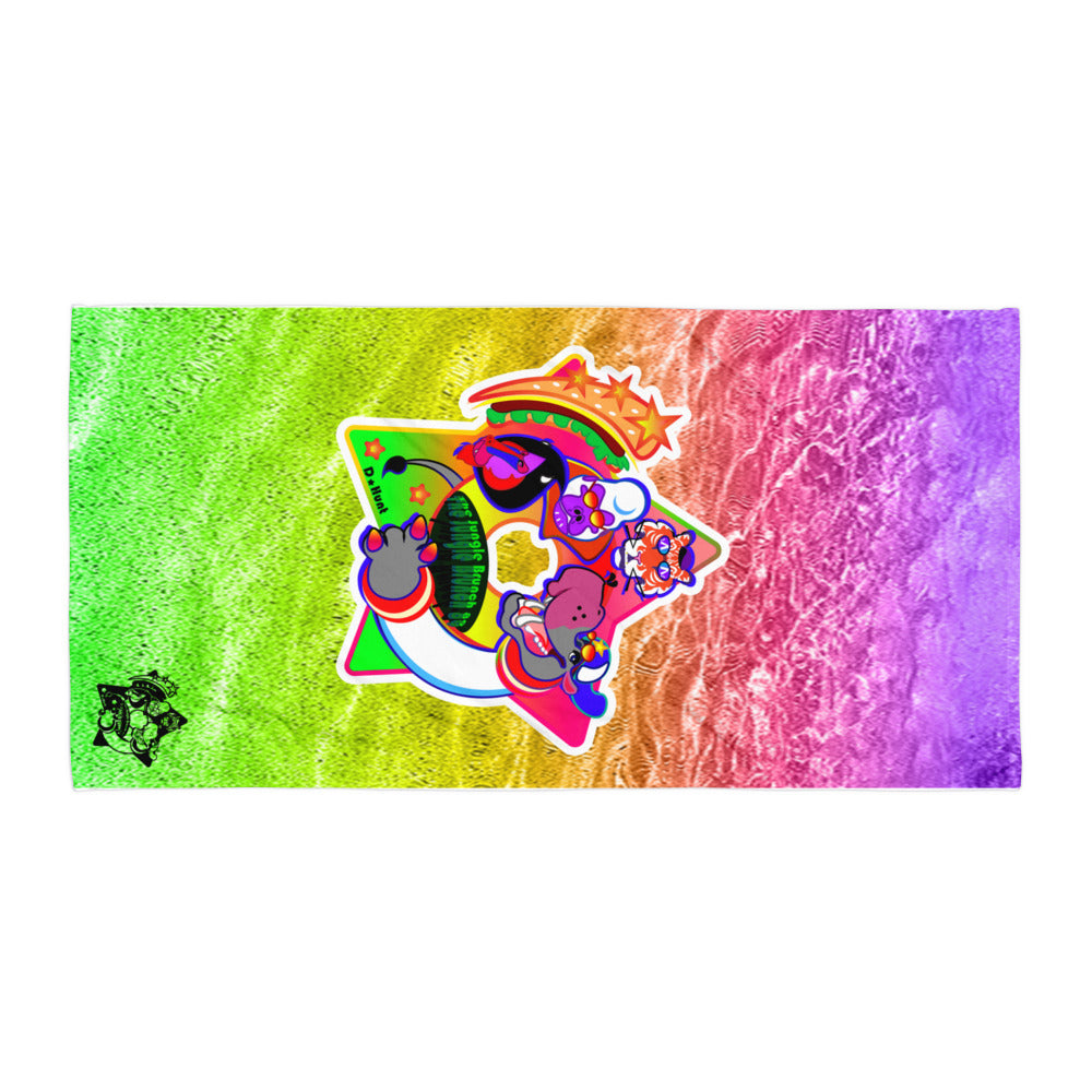 Colorful abstract design with a cartoon cartoon character logo on a rainbow gradient towel
