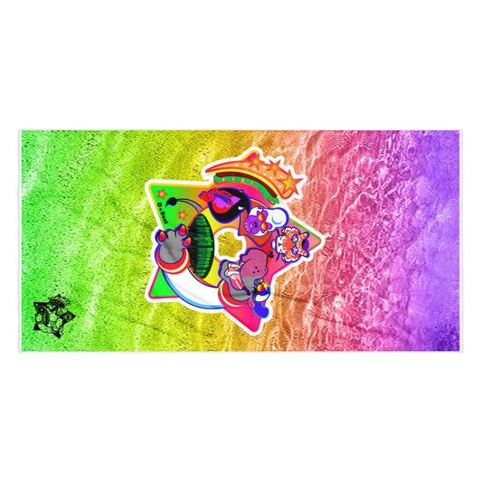 Colorful abstract design with a cartoon cartoon character logo on a rainbow gradient towel