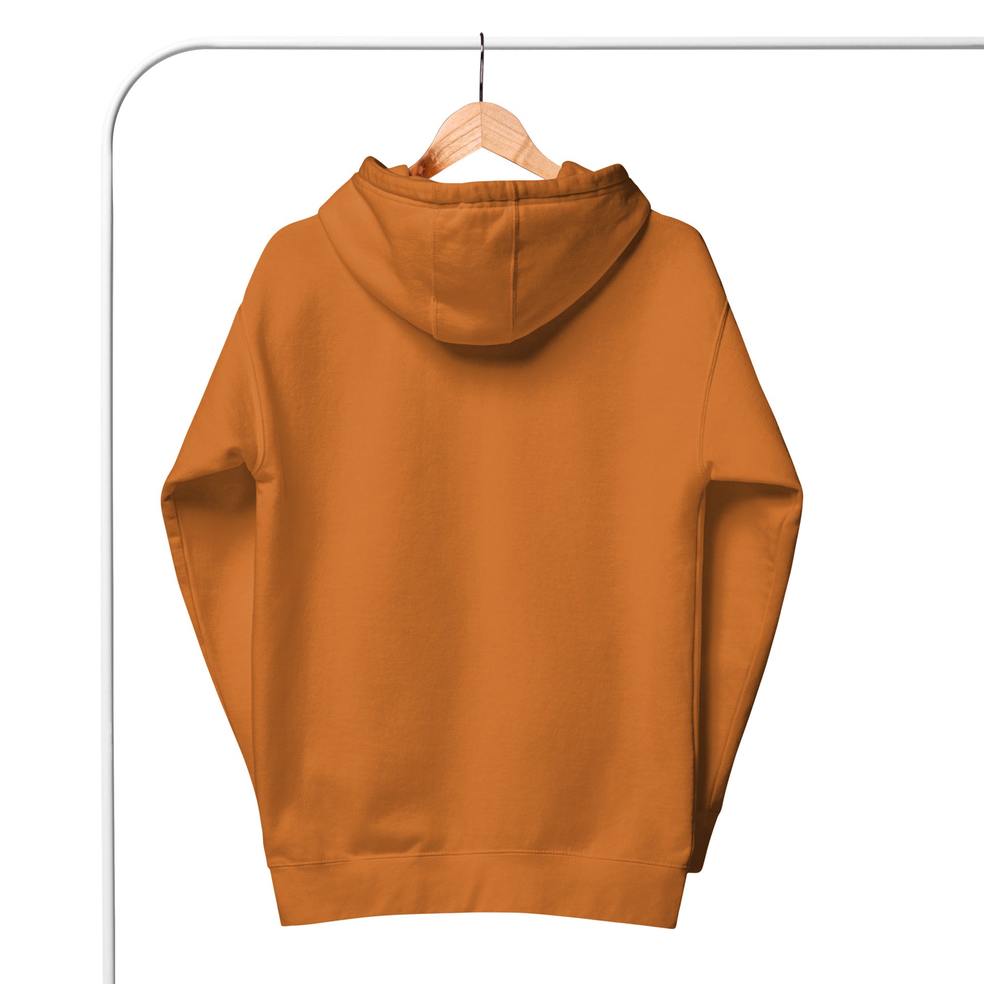 Orange hoodie on a hanger against a white background