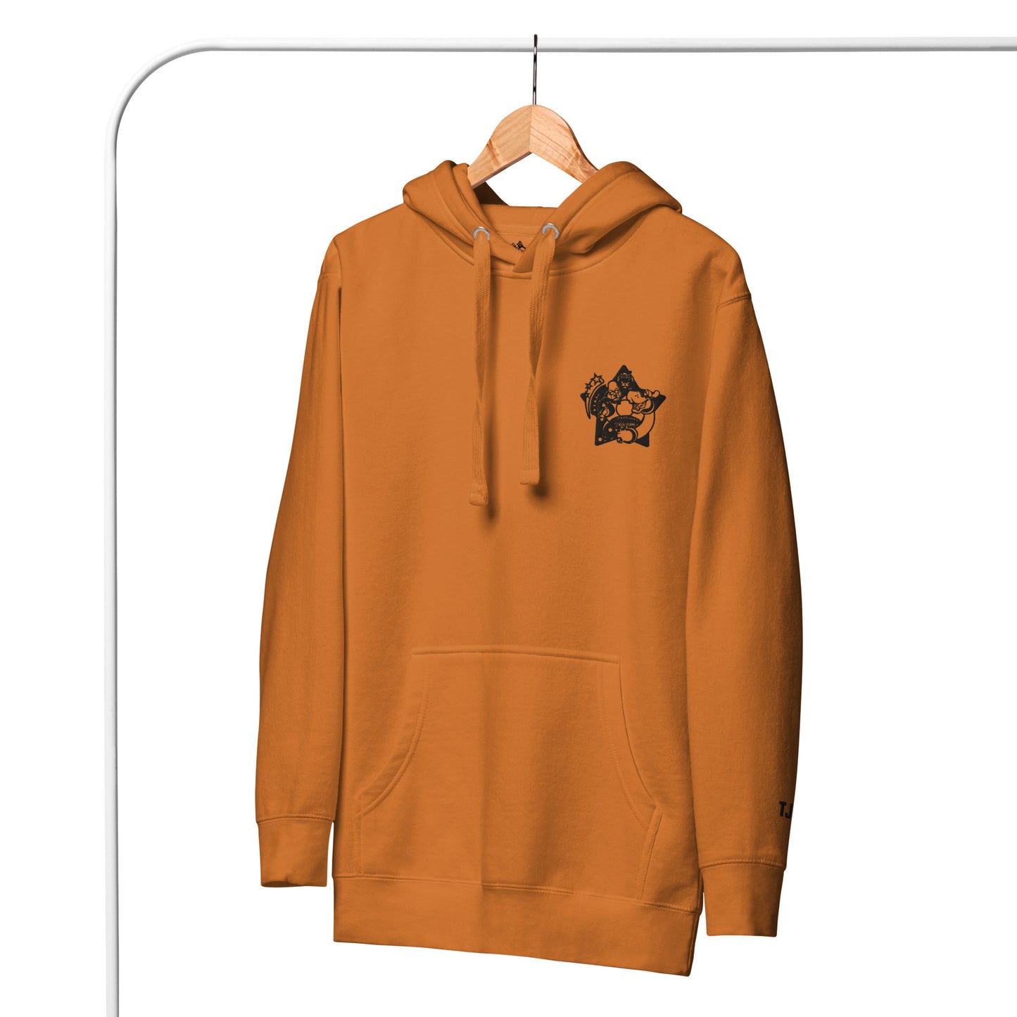 Orange hoodie with a graphic design on a hanger against a white background