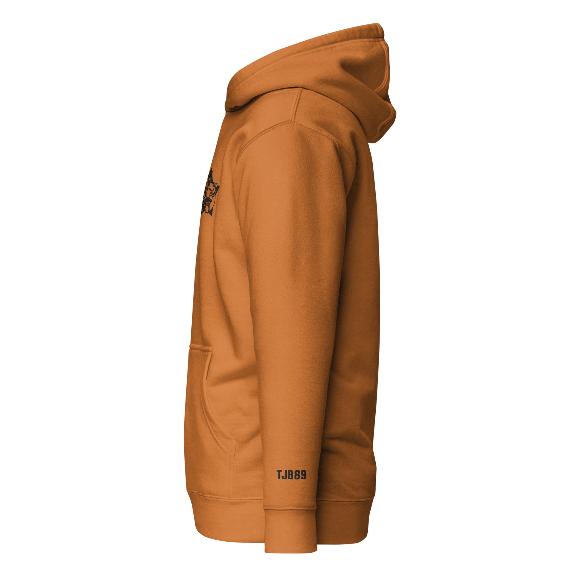 Brown hoodie with a logo on the sleeve against a white background