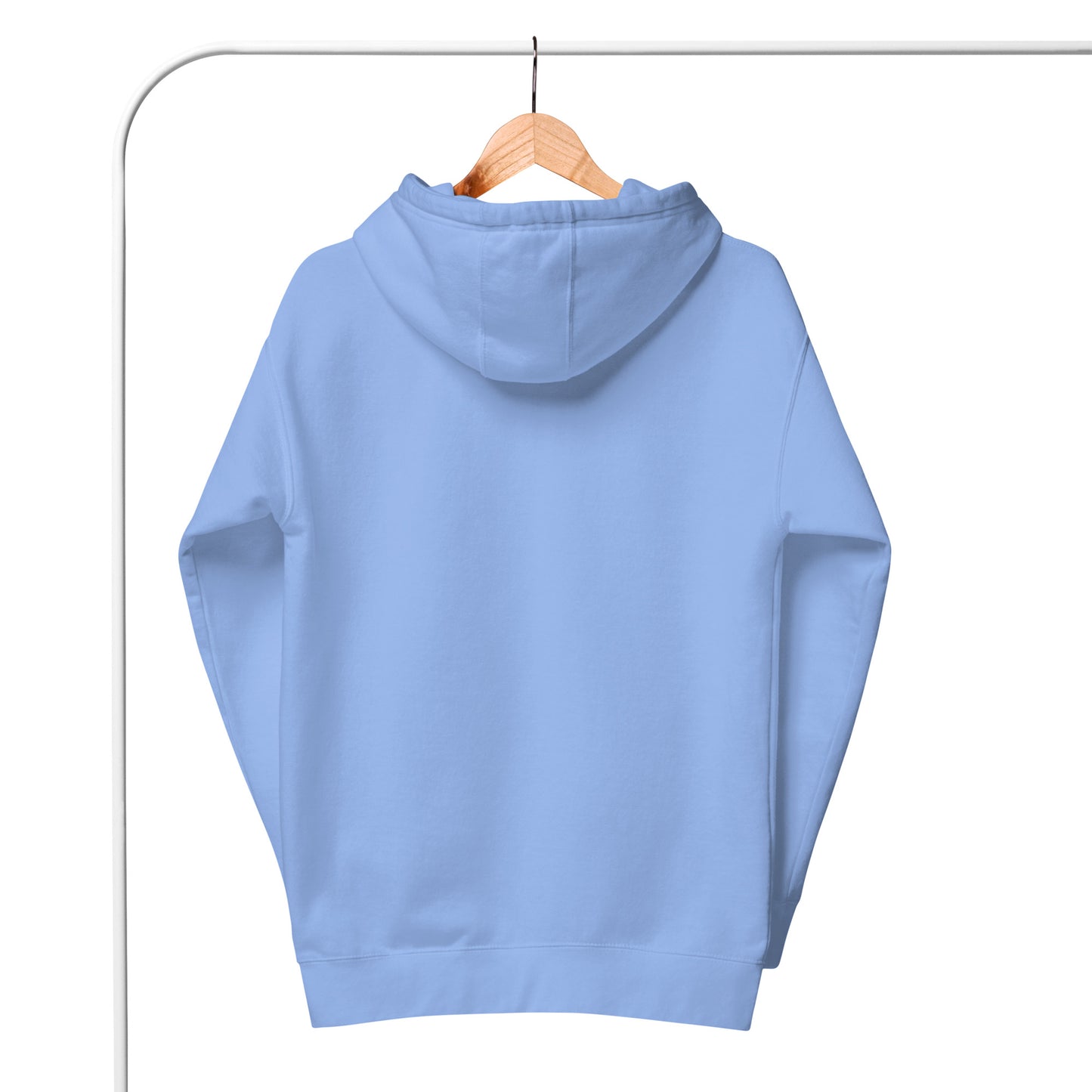 Light blue hoodie on a hanger against a white background