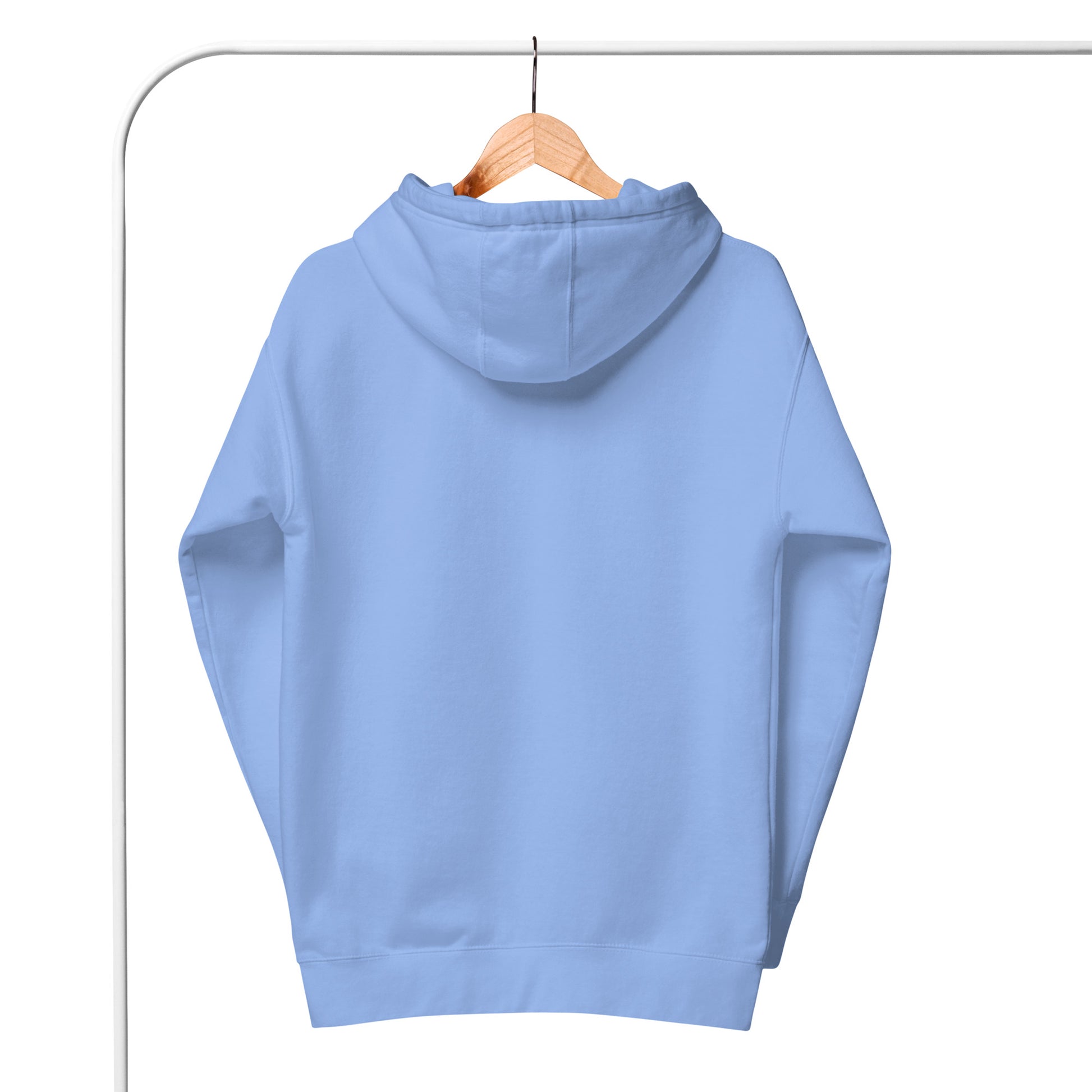 Light blue hoodie on a hanger against a white background