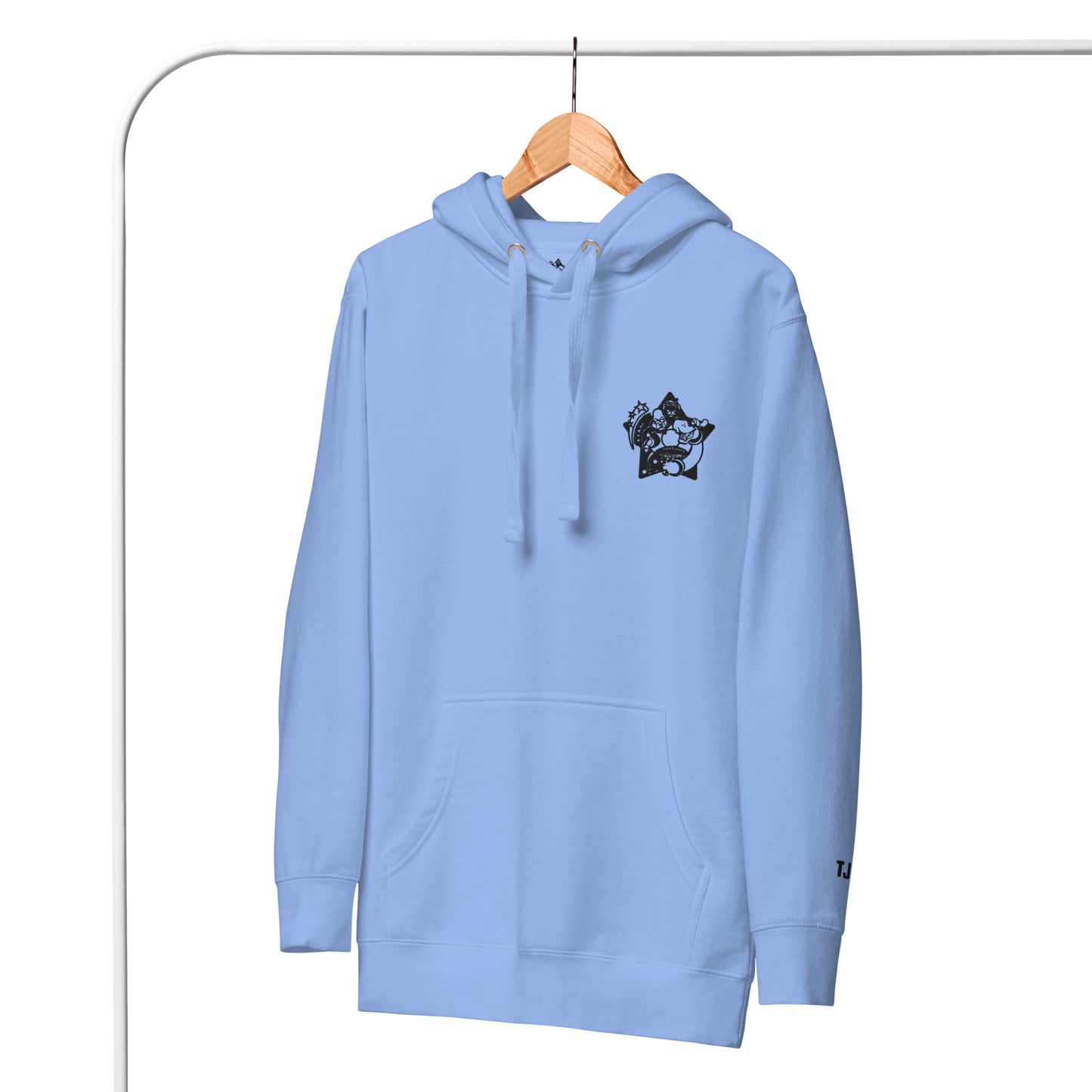 Light blue hoodie with a logo on a hanger against a white background