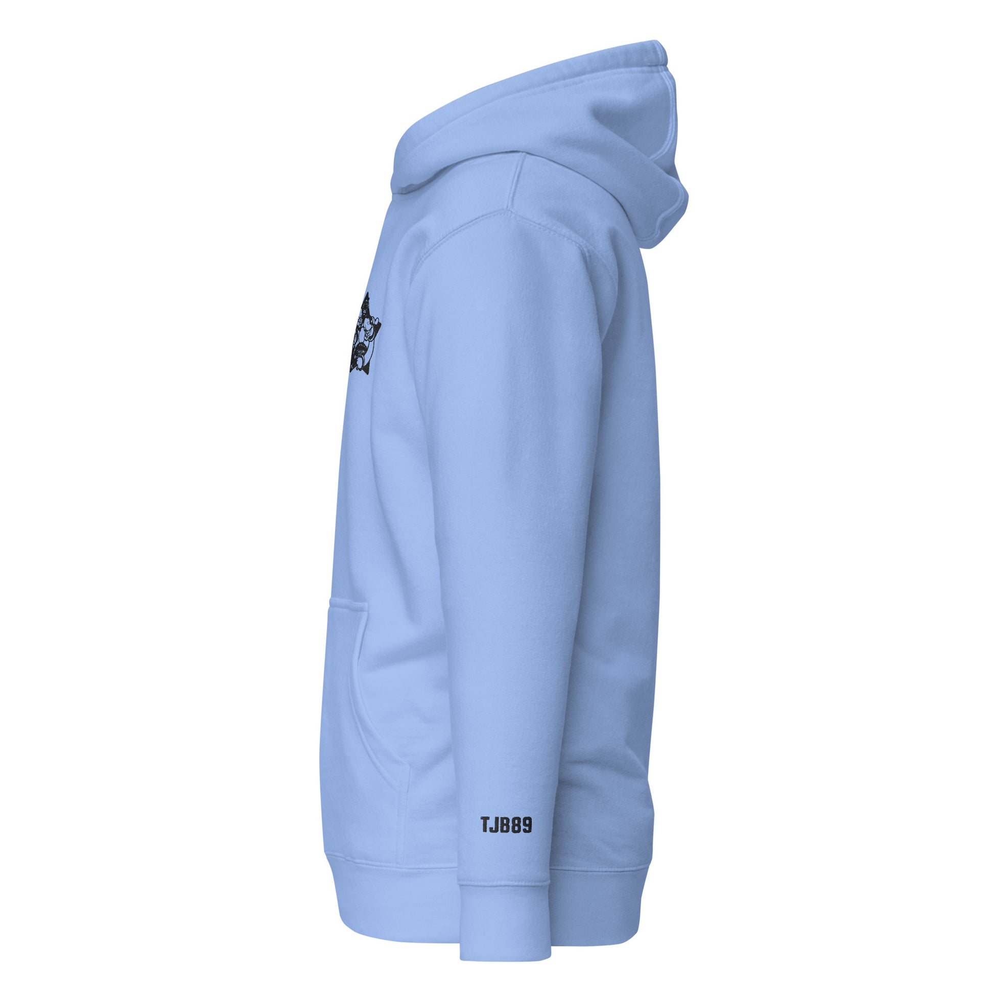 Light blue hoodie with a small logo on the chest and 'TJ88' text on the sleeve against a white background