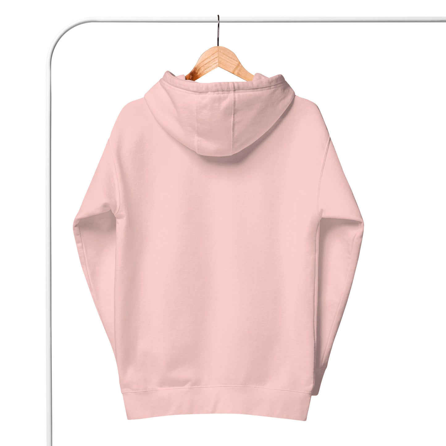 Pink hoodie on a hanger against a white background