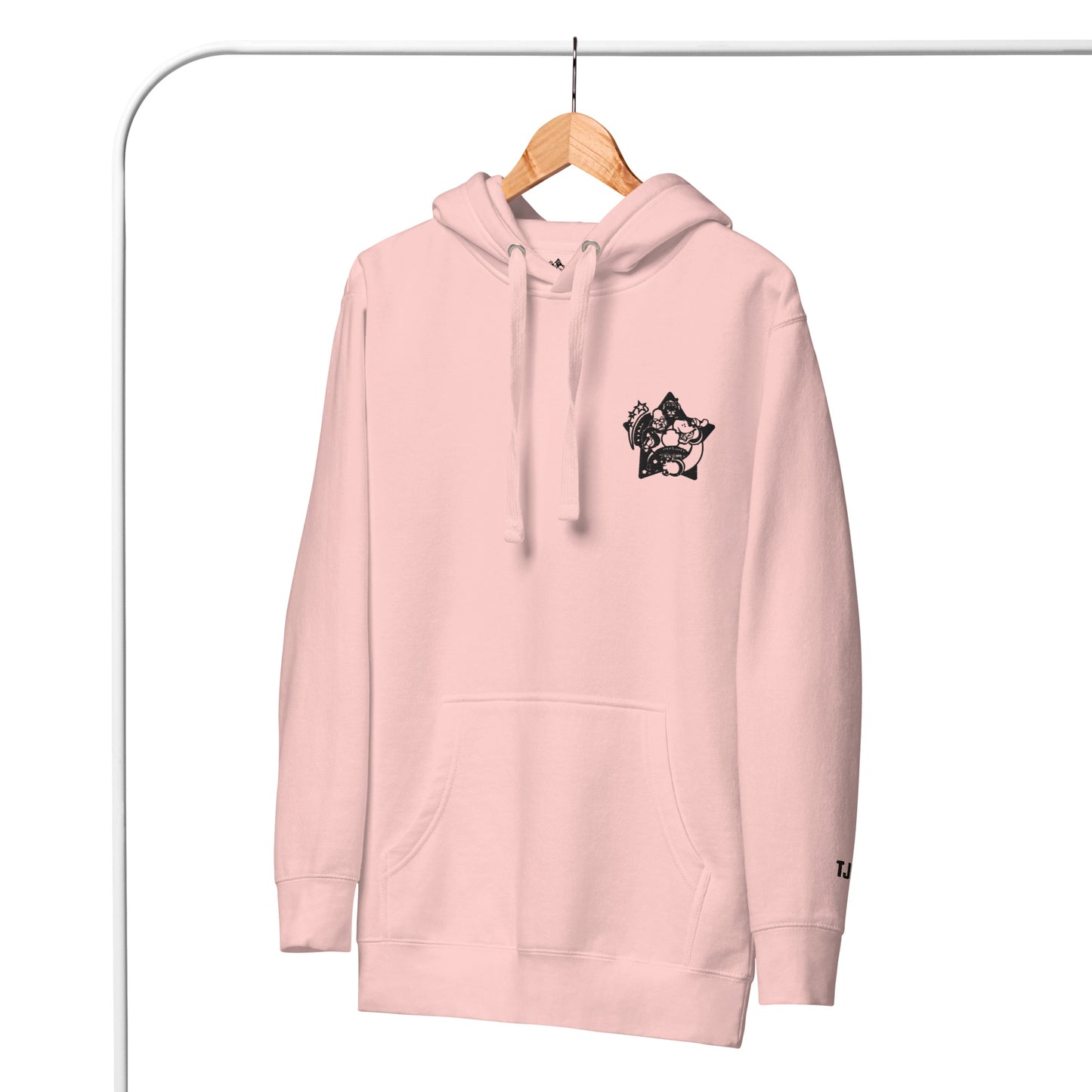 Pink hoodie with a graphic design on a hanger against a white background