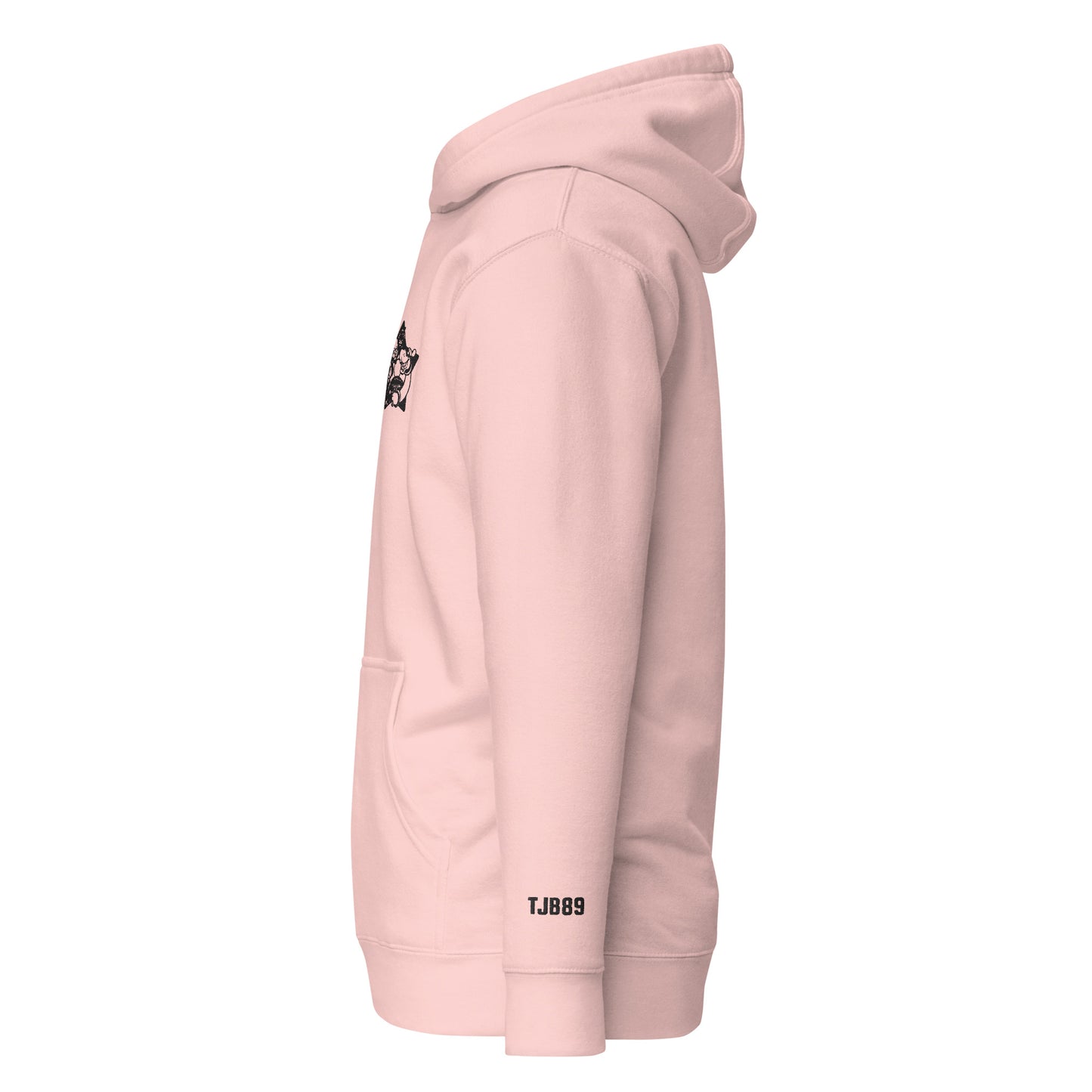 Pink hoodie with 'TJBB9' branding on a white background
