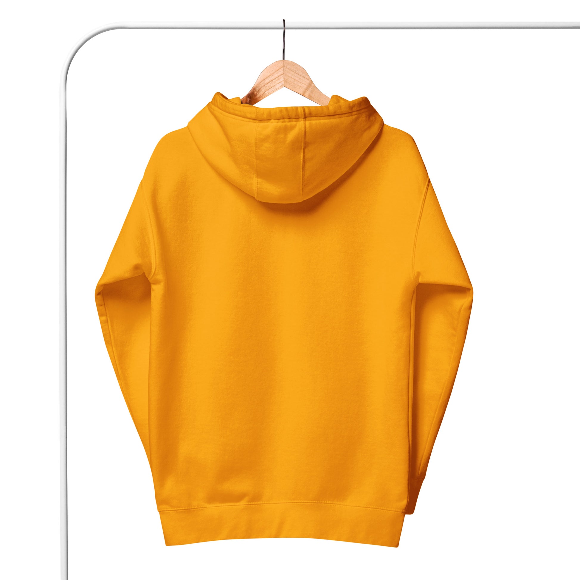 Yellow hoodie on a hanger against a white background