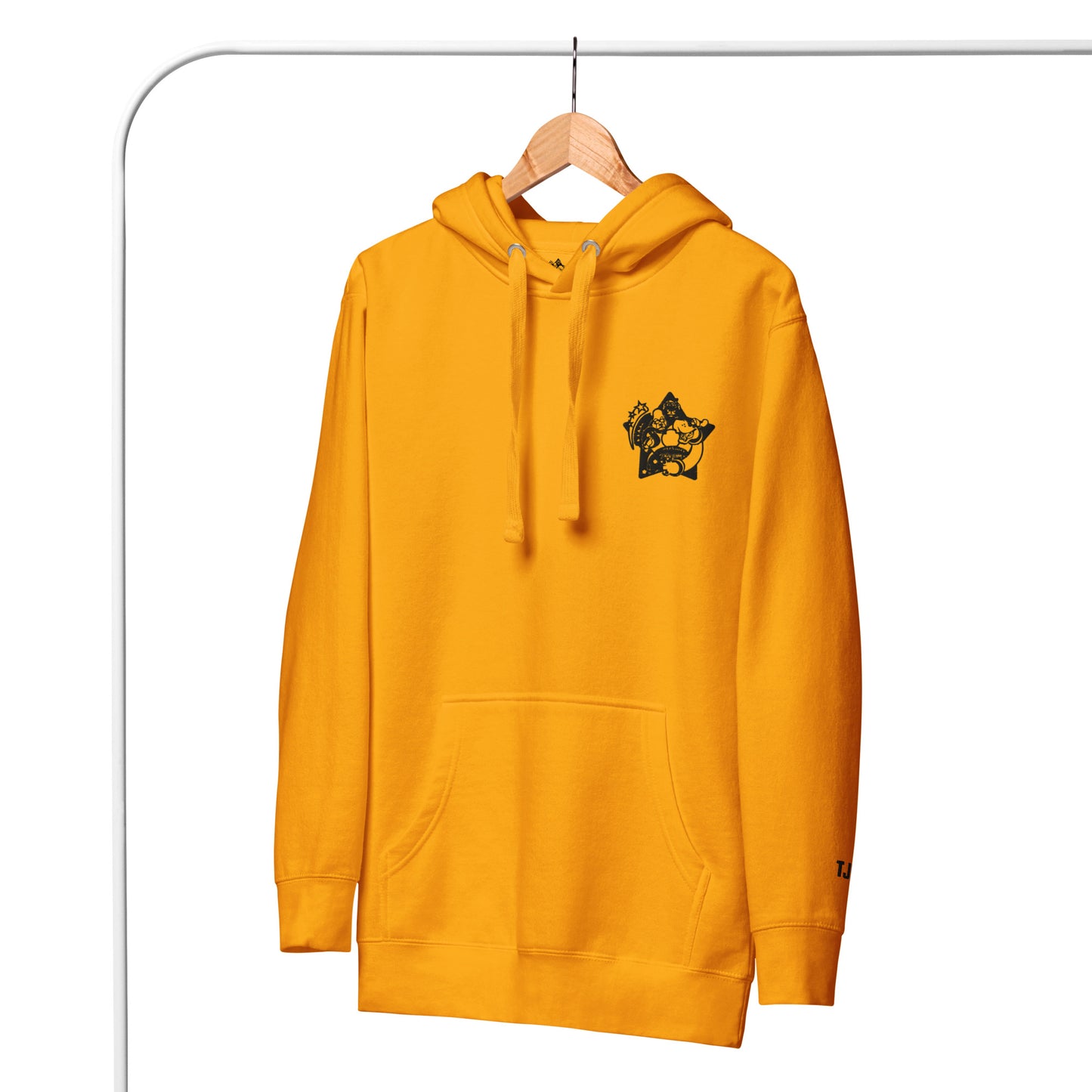 Yellow hoodie with a black graphic on a hanger against a white background