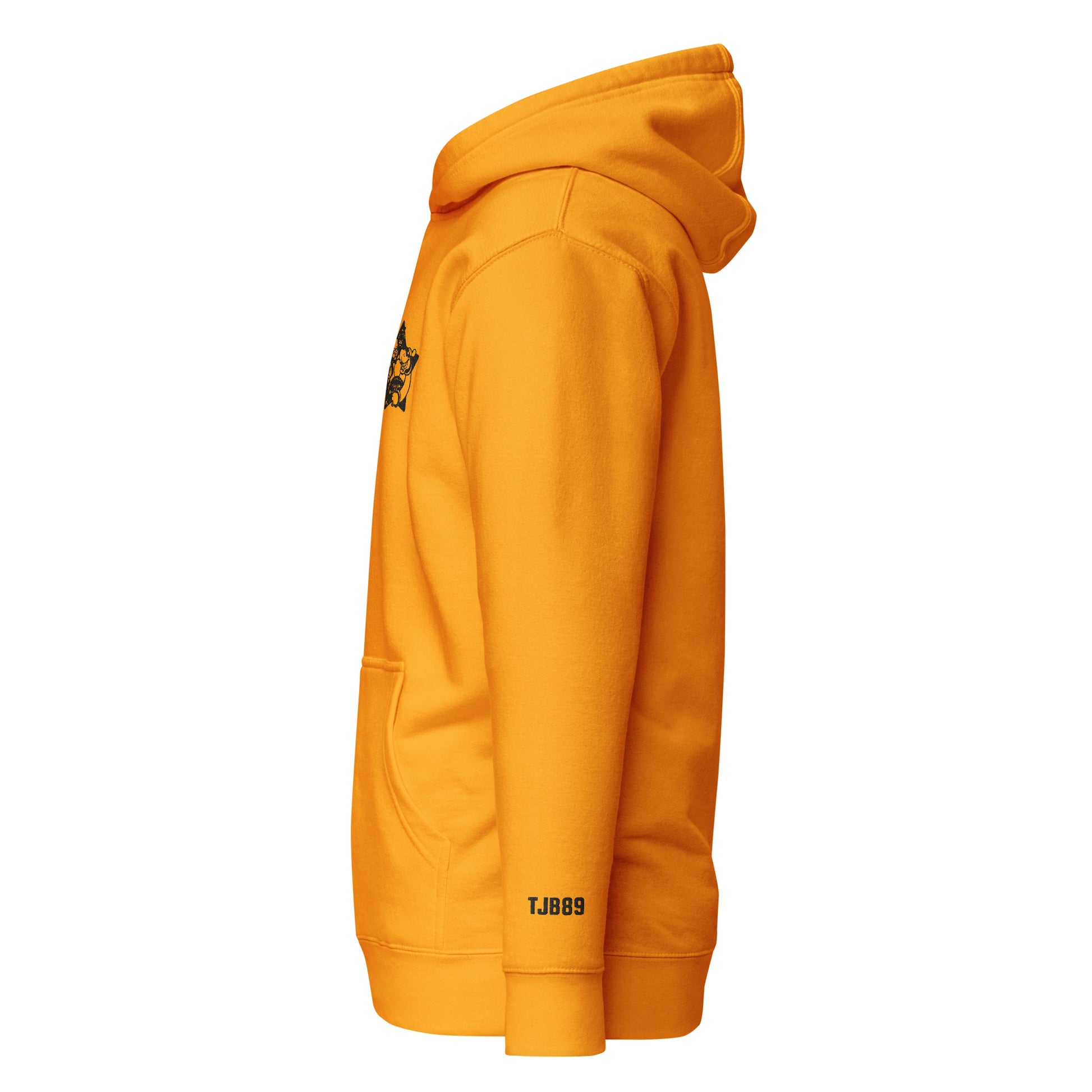 Yellow hoodie with a small black logo on the sleeve against a white background