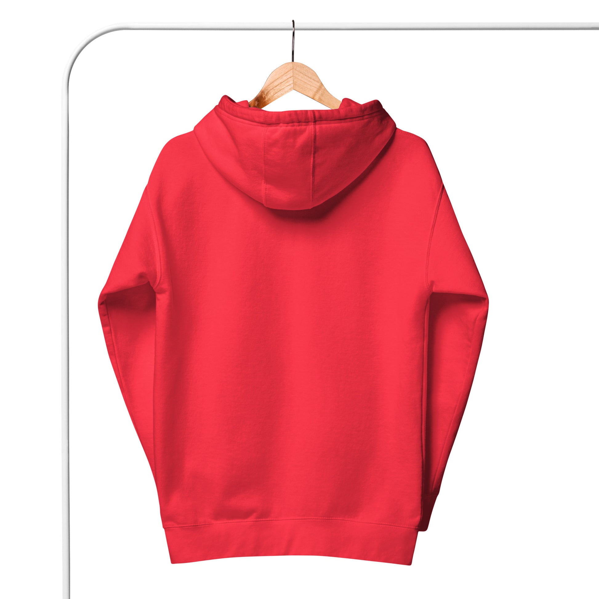 Red hoodie on a hanger against a white background