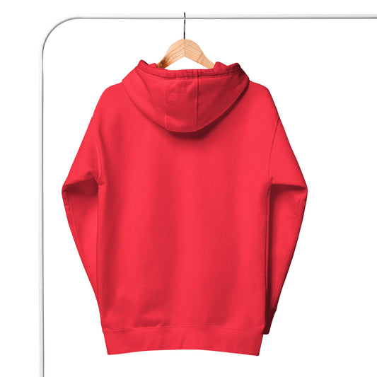 Red hoodie on a hanger against a white background