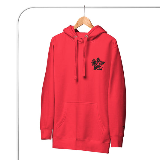 Red hoodie with a graphic design on a hanger against a white background