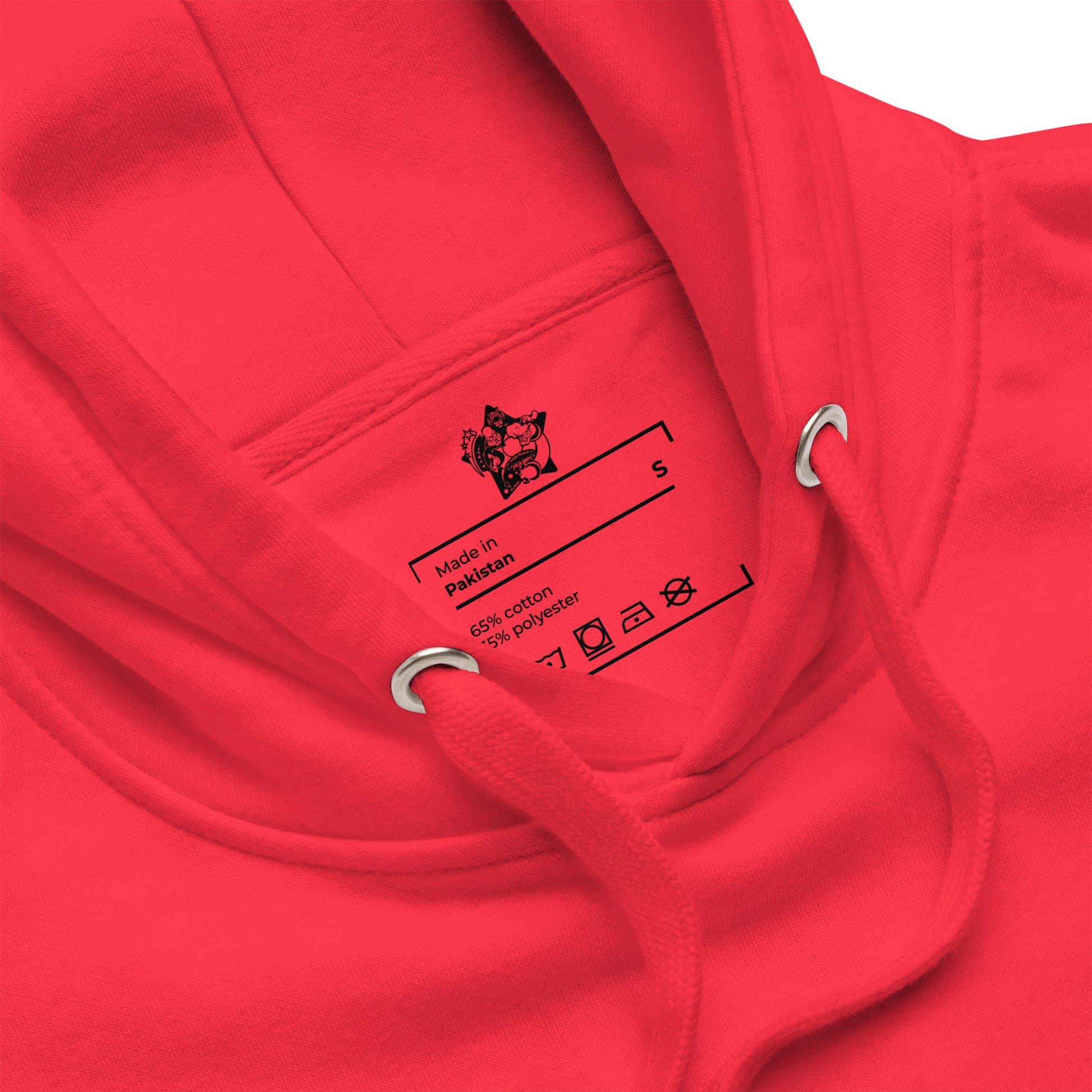 Red hoodie with a label on the chest area