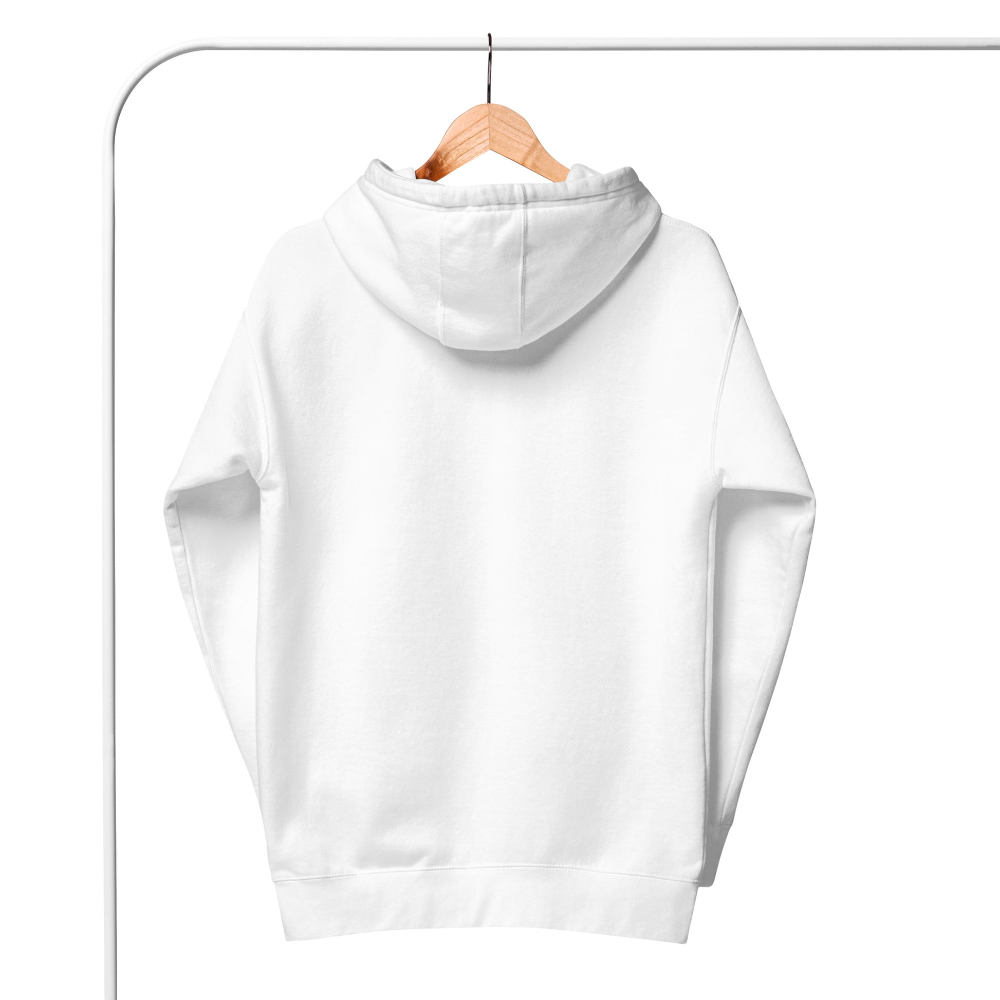 White hoodie on a hanger against a white background