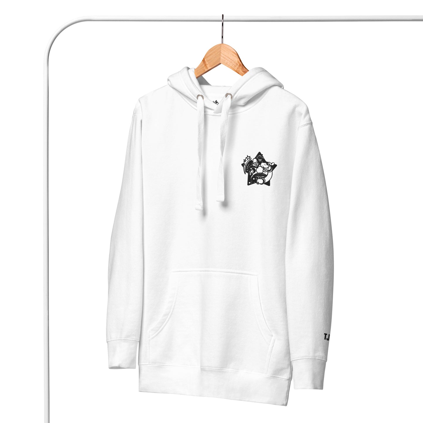 White hoodie with a black graphic on a wooden hanger against a white background