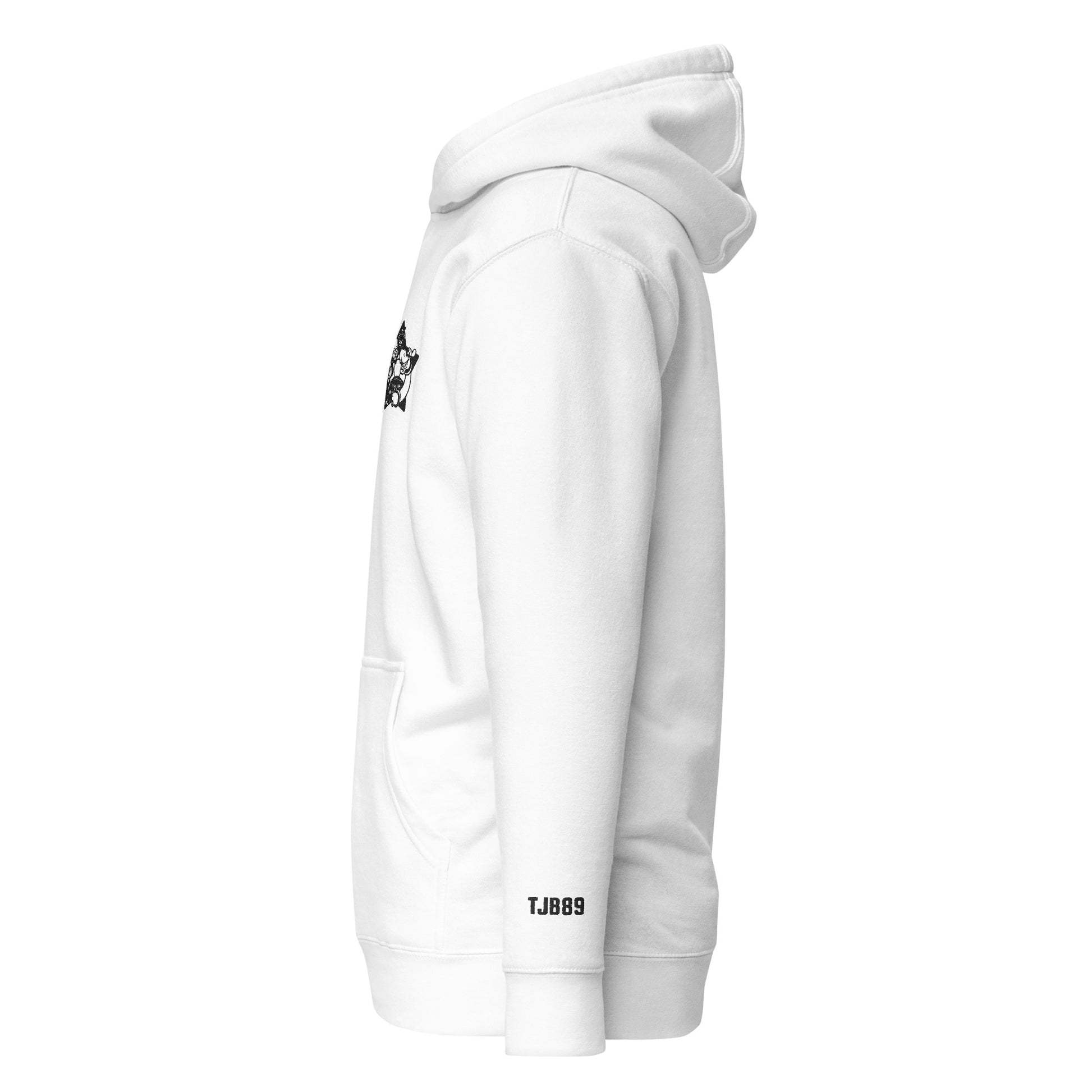 White hoodie with black text and logo on a white background