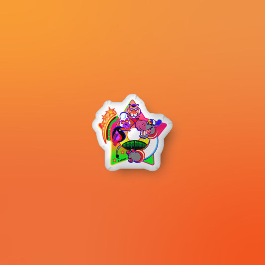 Colorful custom-made star-shaped pillow with cartoon animals on an orange background