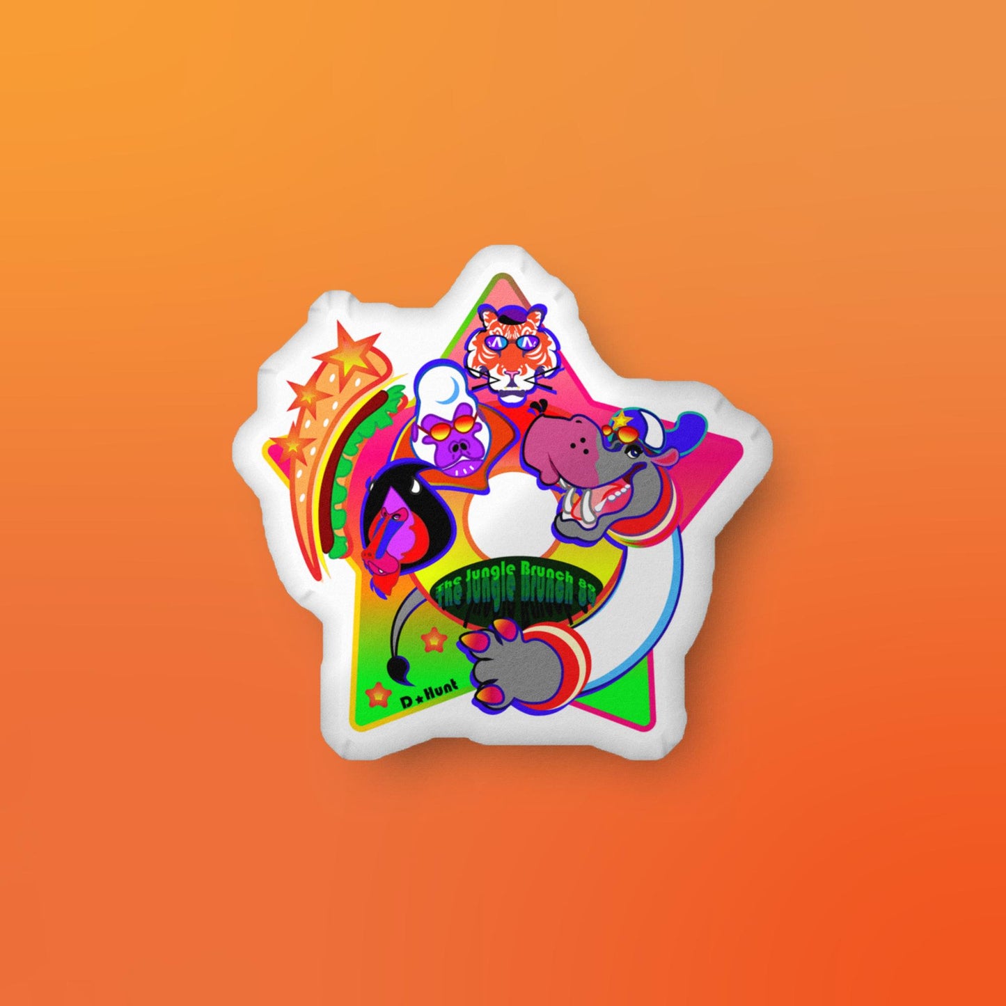 Colorful custom-made star-shaped pillow with cartoon animals on an orange background