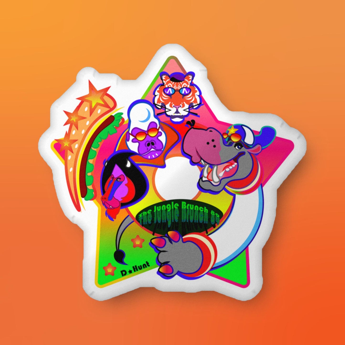 Colorful custom-made star-shaped pillow with cartoon animals on an orange background