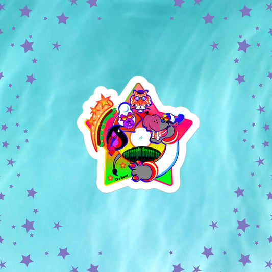 Colorful sticker with cartoon characters on a blue background with stars