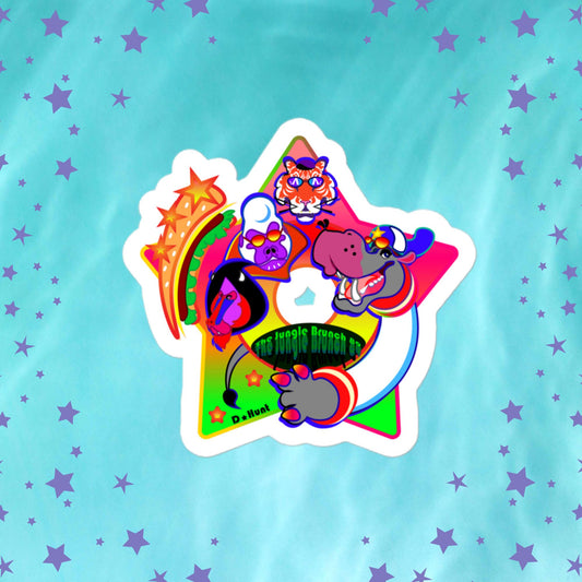 Colorful sticker with cartoon characters on a blue background with stars